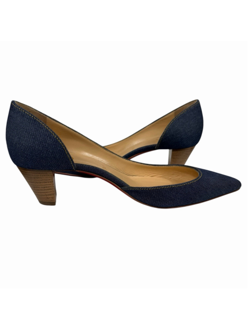 Christian Louboutin Karera 45 Denim Pointed Toe D’Orsay Pumps Wood Heel EU 39 - Picture 10 of 16